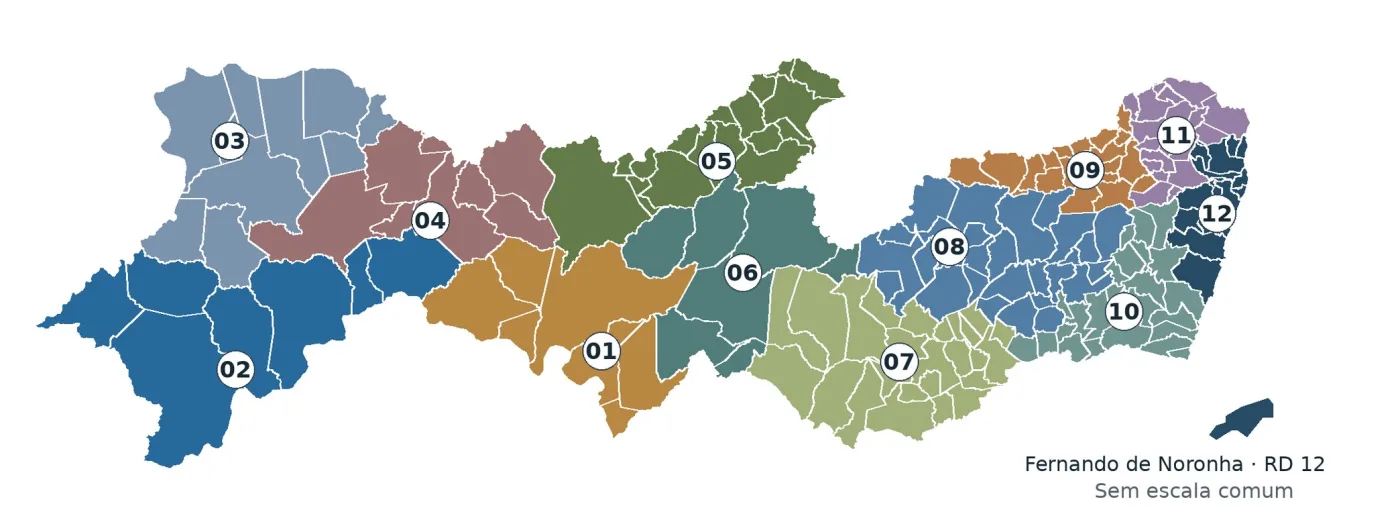 Mapa de Pernambuco dividido nas 12 regiões de desenvolvimento